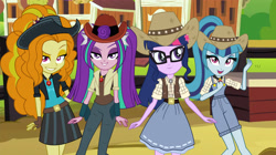 Size: 4000x2240 | Tagged: safe, artist:ajosterio, artist:aqua-pony, artist:bigpurplemuppet99, imported from derpibooru, adagio dazzle, aria blaze, sci-twi, sonata dusk, twilight sparkle, human, equestria girls, cowboy hat, cowgirl, cowgirl outfit, group, hat, quartet, stetson, the dazzlings