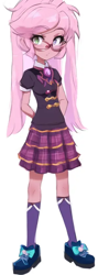 Size: 320x896 | Tagged: safe, artist:rainbowstarcolour262, imported from derpibooru, oc, oc only, oc:taffycoat, human, equestria girls, ai assisted, ai content, anime, blouse, clothes, cute, female, generator:pinegraph, glasses, hand behind back, looking at you, pigtails, school uniform, shoes, simple background, skirt, socks, solo, twintails, white background