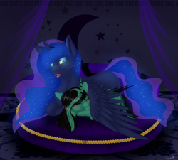 Size: 10000x9000 | Tagged: safe, artist:ginnythequeen, imported from derpibooru, princess luna, oc, oc:ginny, alicorn, bed, bedroom, bedtime, glowing, glowing eyes, glowing mane, hug, lying down, lying on bed, on bed, sleeping, winghug, wings