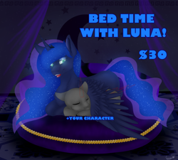 Size: 10000x9000 | Tagged: safe, artist:ginnythequeen, imported from derpibooru, princess luna, oc, alicorn, pony, unicorn, absurd resolution, commission, duo, ethereal mane, ethereal tail, eyes closed, female, hug, lidded eyes, lying down, mare, open mouth, open smile, prone, sleeping, smiling, solo, starry mane, starry tail, tail, winghug, wings, your character here