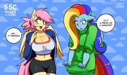 Size: 1420x845 | Tagged: safe, artist:traupa, imported from derpibooru, fluttershy, rainbow dash, anthro, pegasus, equestria girls, alternate hairstyle, bike shorts, blushing, breasts, busty fluttershy, busty rainbow dash, care mare, cleavage, clothes, clothes swap, dress, duo, female, flutterdash, lesbian, mane swap, midriff, rainbow dash always dresses in style, rainbow-flutter, redraw, role reversal, shipping, shorts, socks, sudden style change, tanktop, thigh highs, wide eyes