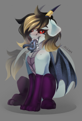 Size: 1138x1683 | Tagged: safe, artist:mirage, imported from derpibooru, oc, oc only, bat pony, dragon, clothes, commission, dragon oc, female, horns, latex, latex socks, non-pony oc, socks, solo, tongue out