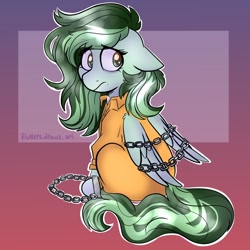 Size: 1080x1080 | Tagged: safe, artist:flutterpawss, imported from derpibooru, oc, oc only, oc:eden shallowleaf, pegasus, bound wings, chained, chains, clothes, commissioner:rainbowdash69, cuffed, cuffs, gradient background, jumpsuit, never doubt rainbowdash69's involvement, pegasus oc, prison outfit, prisoner, sad, shackles, solo, wings