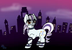 Size: 3508x2480 | Tagged: safe, artist:exobass, imported from derpibooru, oc, oc:honeydrop, earth pony, pony, collar, female, manehattan, mare, not countess coloratura, skyline, solo