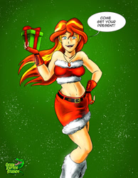 Size: 1024x1319 | Tagged: safe, artist:pete-da-graptor, imported from derpibooru, sunset shimmer, human, equestria girls, christmas, clothes, costume, female, holiday, midriff, open mouth, open smile, present, santa costume, sexy, sexy santa costume, smiling, solo