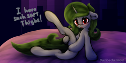 Size: 4096x2048 | Tagged: safe, artist:darbedarmoc, imported from derpibooru, oc, oc:minerva, pony, unicorn, bedroom, excited, looking at you, red eyes, solo, spread legs, spreading, talking