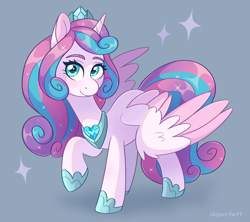 Size: 1992x1772 | Tagged: safe, artist:skysorbett, imported from derpibooru, princess flurry heart, alicorn, pony, colored wings, crown, crystal heart, female, g4, hoof shoes, jewelry, looking at you, mare, older, older flurry heart, raised hoof, regalia, simple background, smiling, solo, sparkles, two toned wings, wings