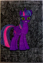 Size: 1024x1479 | Tagged: safe, artist:aracage, imported from derpibooru, twilight sparkle, alicorn, pony, black background, corrupted, corrupted twilight sparkle, crystal, dark crystal, dark magic, darkened coat, darkened hair, gel pen, grin, magic, simple background, slit pupils, smiling, solo, sombra eyes, traditional art, twilight sparkle (alicorn)