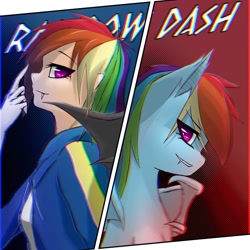 Size: 1024x1024 | Tagged: safe, artist:xlist276, imported from derpibooru, rainbow dash, bat pony, human, pony, undead, vampire, bat ponified, duo, female, human ponidox, humanized, race swap, rainbowbat, self paradox, self ponidox