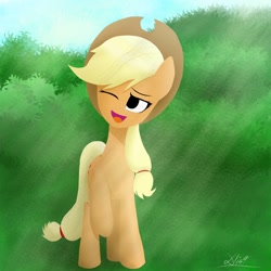 Size: 1500x1500 | Tagged: safe, artist:xlist276, imported from derpibooru, applejack, earth pony, pony, female, one eye closed, open mouth, open smile, raised hoof, smiling, solo