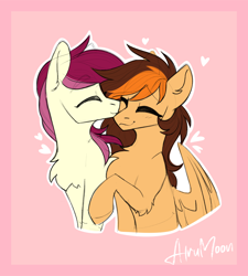 Size: 1818x2018 | Tagged: safe, artist:alrumoon_art, imported from derpibooru, roseluck, oc, oc:aerion featherquill, earth pony, pegasus, pony, canon x oc, cheek kiss, chest fluff, commission, couple, cute, eyes closed, female, floating heart, heart, hearts and hooves day, kissing, lesbian, mare, nuzzling, raised hoof, rosabetes, shipping, ych result