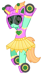 Size: 3000x5160 | Tagged: safe, artist:jennieoo, imported from derpibooru, oc, oc:goldheart, pony, robot, robot pony, clothes, helmet, jumping, looking at you, simple background, skates, skirt, solo, transparent background, vector