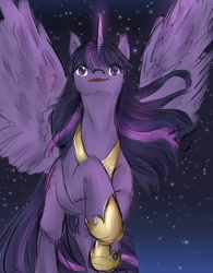 Size: 800x1025 | Tagged: safe, artist:tatsuk0, imported from derpibooru, twilight sparkle, alicorn, pony, female, sky, solo, spread wings, stars, twilight sparkle (alicorn), wings