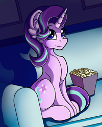 Size: 1600x2000 | Tagged: safe, artist:blackiethepony, imported from derpibooru, starlight glimmer, pony, unicorn, couch, female, food, looking at you, mare, popcorn, sitting, solo