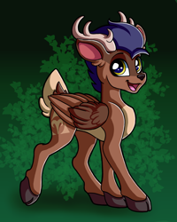 Size: 1600x2000 | Tagged: safe, artist:blackiethepony, imported from derpibooru, oc, oc:arny, deer, deer pony, original species, peryton, abstract background, antlers, cloven hooves, green background, looking at you, male, simple background, smiling, solo