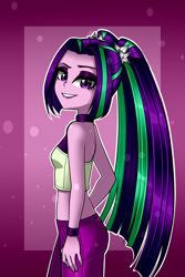 Size: 1000x1500 | Tagged: safe, artist:nekojackun, imported from derpibooru, aria blaze, human, equestria girls, rainbow rocks, aria flat, ariabetes, bare shoulders, casual, clothes, cute, delicious flat chest, eyeshadow, female, lidded eyes, looking at you, makeup, pants, pigtails, sleeveless, smiling, solo, teeth, twintails