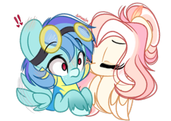 Size: 2898x2048 | Tagged: safe, artist:emberslament, imported from derpibooru, oc, oc only, oc:featherlight serenade, oc:sea breeze, pegasus, pony, clothes, female, kissing, mare, oc x oc, pegasus oc, shipping, simple background, transparent background, uniform, wonderbolt trainee uniform, wonderbolts uniform