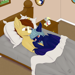 Size: 5000x5000 | Tagged: safe, artist:ladytechna, imported from derpibooru, derpy hooves, oc, oc:stellar light, oc:wishful thinking, bat pony, earth pony, bed, clock, gay, male, oc x oc, pillow, shipping, snuggling