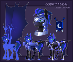 Size: 6150x5250 | Tagged: safe, artist:parrpitched, imported from derpibooru, oc, oc:guard cobalt flash, bat pony, latex pony, original species, pony, armor, bat pony oc, bound wings, fireheart76's latex suit design, guard, helmet, latex, latex boots, latex suit, prisoners of the moon, reference sheet, royal guard, rubber, rubber suit, visor, wings