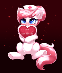 Size: 2968x3485 | Tagged: safe, artist:confetticakez, imported from derpibooru, nurse redheart, earth pony, pony, blushing, cute, ear fluff, eyebrows, eyebrows visible through hair, female, gradient background, hat, heart, heart eyes, heartabetes, mare, nurse hat, sitting, solo, wingding eyes