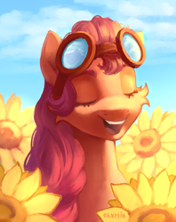 Size: 819x1035 | Tagged: safe, artist:fantein, imported from derpibooru, sunny starscout, earth pony, pony, aviator goggles, eyes closed, female, flower, g5, goggles, happy, mare, open mouth, open smile, smiling, solo, sunflower