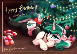 Size: 2388x1668 | Tagged: safe, artist:alrumoon_art, imported from derpibooru, oc, oc only, pony, unicorn, bow, christmas, christmas tree, female, heart, heart eyes, holiday, mare, present, solo, tail, tail bow, tree, wingding eyes