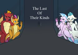 Size: 2039x1446 | Tagged: safe, artist:natt333, imported from derpibooru, garble, silverstream, smolder, terramar, dragon, hippogriff, fanfic:the last of their kinds, accessory, author:shakespearicles, brother, brother and sister, cage, closed mouth, cover art, eyebrows, eyelashes, eyes open, family, fanfic, fanfic art, fanfic cover, female, fimfiction, folded wings, freckles, frown, hand on head, hand on shoulder, hippocest, implied inbreeding, implied incest, implied sex, implied shipping, inbreeding, incest, jewelry, logo, looking, looking at each other, looking at someone, looking back, male, necklace, nostrils, pearl, pearl necklace, pupils, sad, sad face, shakespearicles, shipping, siblings, signature, simple background, sister, smolble, straight, teeth, text, the last of their kinds, trapped, wall of tags, wings, xk-class end-of-the-world scenario