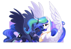 Size: 3194x2216 | Tagged: safe, artist:alrumoon_art, imported from derpibooru, princess celestia, princess luna, alicorn, pony, curved horn, duo, duo female, eyebrows, eyebrows visible through hair, eyes closed, female, heart, heart eyes, high res, horn, mare, open mouth, open smile, royal sisters, siblings, simple background, sisters, smiling, spread wings, transparent background, wingding eyes, wings
