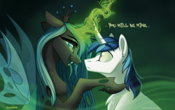 Size: 1881x1181 | Tagged: safe, artist:alrumoon_art, imported from derpibooru, queen chrysalis, shining armor, changeling, changeling queen, pony, unicorn, a canterlot wedding, female, glowing, glowing horn, green tongue, horn, long tongue, looking into each others eyes, male, mare, mind control, stallion, tongue out