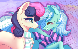 Size: 1881x1181 | Tagged: safe, artist:alrumoon_art, imported from derpibooru, bon bon, lyra heartstrings, sweetie drops, earth pony, pony, blushing, clothes, female, heart, heart eyes, mare, scarf, striped scarf, wingding eyes