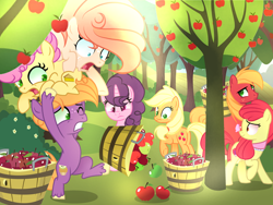 Size: 3058x2297 | Tagged: safe, artist:harmonyvitality-yt, imported from derpibooru, apple bloom, applejack, big macintosh, li'l cheese, little mac, sugar belle, earth pony, pony, unicorn, apple, apple tree, base used, basket, butt, colt, female, foal, food, holding a pony, male, mare, older, older apple bloom, outdoors, plot, stallion, tree