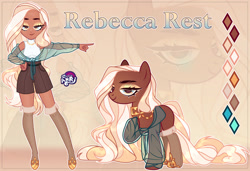 Size: 1280x874 | Tagged: safe, artist:emperor-anri, imported from derpibooru, oc, oc only, oc:rebecca rest, earth pony, human, pony, equestria girls, bedroom eyes, blue eyes, boots, clothes, earth pony oc, equestria girls-ified, eyelashes, eyeshadow, golden eyes, hand on hip, hoof on chest, hoof shoes, jewelry, lidded eyes, lipstick, long hair, long mane, long tail, looking at you, makeup, necklace, pointing, raised hoof, reference sheet, shoes, shorts, sleeveless turtleneck, smiling, socks, tail, thigh highs, zoom layer