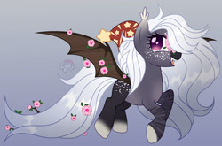 Size: 1280x846 | Tagged: safe, artist:emperor-anri, imported from derpibooru, oc, oc only, bat pony, pony, bat pony oc, bat wings, body freckles, body markings, colored hooves, colored muzzle, colored wings, cute, cute little fangs, eyelashes, facial markings, fangs, flower, flower in hair, flower in tail, flying, freckles, gradient background, gray background, hair over one eye, hat, leg stripes, open mouth, open smile, purple eyes, simple background, slit pupils, smiling, solo, tail, wings