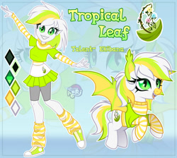 Size: 1280x1145 | Tagged: safe, artist:emperor-anri, imported from derpibooru, oc, oc only, oc:tropical leaf, bat pony, human, pony, equestria girls, bat pony oc, blue background, clothes, colored muzzle, converse, cute, cute little fangs, ear tufts, elf ears, equestria girls-ified, eyelashes, fangs, flying, green eyes, grin, leg warmers, lipstick, makeup, midriff, multicolored hair, multicolored mane, multicolored tail, reference sheet, shoes, shorts, shorts under skirt, simple background, skirt, slit pupils, smiling, sneakers, spread wings, standing, standing on one leg, striped sweater, sweater, tail, wings, zoom layer