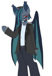 Size: 1390x2048 | Tagged: safe, artist:maggot, imported from derpibooru, oc, oc only, oc:sigil swarm, anthro, bat pony, arm hooves, bat pony oc, clothes, glasses, hair over one eye, hat, jacket, open mouth, open smile, pants, sharp teeth, shirt, simple background, smiling, solo, squint, teeth, transparent background, underhoof, wings