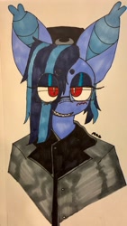 Size: 1156x2048 | Tagged: safe, artist:maggot, imported from derpibooru, oc, oc only, oc:sigil swarm, anthro, bat pony, bat pony oc, blushing, bust, clothes, eye clipping through hair, glasses, grin, hair over one eye, lidded eyes, looking at you, marker drawing, sharp teeth, smiling, solo, teeth, traditional art