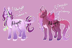 Size: 3000x2000 | Tagged: safe, artist:venobatss, imported from derpibooru, oc, oc only, changepony, hybrid, pony, unicorn, curved horn, duo, female, horn, interspecies offspring, leonine tail, magical lesbian spawn, mare, offspring, parent:princess cadance, parent:queen chrysalis, parent:starlight glimmer, parents:cadalis, pink background, simple background, tail, unicorn oc