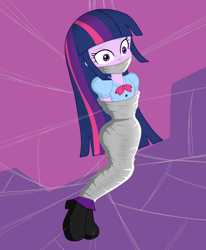 Size: 3300x4000 | Tagged: safe, artist:gregory-gid-did, imported from derpibooru, twilight sparkle, human, equestria girls, bondage, bound and gagged, cocoon, damsel in distress, female, gag, high res, mummification, purple background, simple background, solo, spider web, tied up