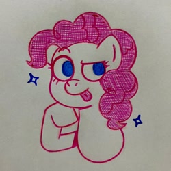 Size: 2048x2048 | Tagged: safe, artist:funfairfever, imported from derpibooru, pinkie pie, earth pony, pony, bust, female, mare, portrait, solo, sparkles, tongue out, traditional art