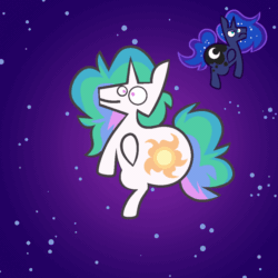 Size: 1000x1000 | Tagged: safe, artist:threetwotwo32232, imported from derpibooru, princess celestia, princess luna, alicorn, pony, animated, duo, female, gif, large butt, mare, orbit, space