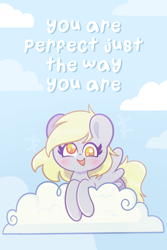 Size: 540x810 | Tagged: safe, artist:typhwosion, imported from derpibooru, derpy hooves, pegasus, pony, cloud, cute, derpabetes, female, looking at you, mare, on a cloud, positive message, positive ponies, sky, smiling, smiling at you, solo, talking to viewer, text