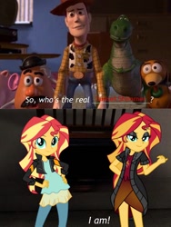 Size: 600x800 | Tagged: safe, artist:aaliyah_rosado, artist:emeraldblast63, artist:sugar-loop, artist:user15432, imported from derpibooru, sunset shimmer, human, equestria girls, barely eqg related, confused, cowboy, crossover, disney, ham (toy story), human sunset, looking at you, mr. potato head, pixar, rex (toy story), slinky dog, smiling, toy, toy story, toy story 2, woody