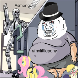 Size: 960x962 | Tagged: safe, imported from ponybooru, fluttershy, oc, oc:aryanne, earth pony, human, pony, brony, caption, fat, fedora, fedora shaming, hat, image macro, meme, nazi, neckbeard, obese, reddit, text, wojak