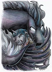 Size: 2498x3475 | Tagged: safe, artist:lupiarts, imported from ponybooru, pony of shadows, stygian, pony, unicorn, shadow play, clothes, commission, eyes closed, glowing eyes, high res, male, teeth, traditional art, wings