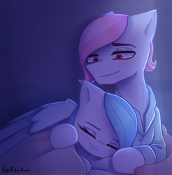 Size: 2520x2556 | Tagged: safe, artist:opal_radiance, imported from derpibooru, oc, oc only, oc:dr. blumenfield, oc:opal rosamond, pegasus, pony, blanket, duo, duo male and female, eyebrows, eyes closed, female, friends, high res, hug, male, mare, night, pegasus oc, signature, sleeping, smiling, stallion, winghug, wings