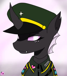 Size: 840x951 | Tagged: safe, artist:more by mairiathus, imported from twibooru, changeling, eyebrows, fangs, horn, image, military, needs more jpeg, pink