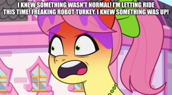 Size: 897x500 | Tagged: safe, edit, edited screencap, imported from derpibooru, screencap, spoiler:g5, spoiler:my little pony: tell your tale, spoiler:tyts01e22, aqua teen hunger force, caption, g5, image macro, meme, my little pony: tell your tale, posey bloom, text, zipp's yes day