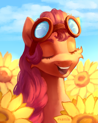 Size: 819x1035 | Tagged: safe, artist:fantein, imported from derpibooru, sunny starscout, earth pony, pony, eyes closed, flower, g5, goggles, happy, open mouth, open smile, smiling, solo, sunflower