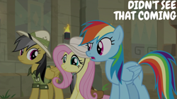 Size: 1920x1080 | Tagged: safe, edit, edited screencap, editor:quoterific, imported from derpibooru, screencap, daring do, fluttershy, rainbow dash, pegasus, pony, daring doubt, clothes, hat, trio