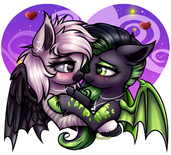 Size: 1977x1792 | Tagged: safe, artist:kruszynka25, imported from derpibooru, oc, oc only, oc:devilvoice, oc:noctem dieva, bat pony, pony, bat pony oc, blushing, duo, heart, heart eyes, holiday, looking at each other, looking at someone, oc x oc, shipping, simple background, transparent background, valentine's day, wingding eyes